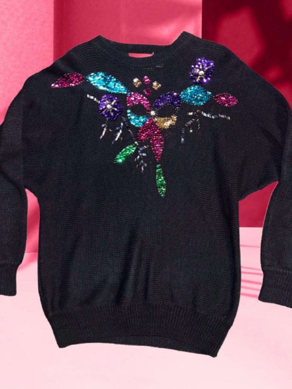 Marmie West ~ Medium ~ Beaded/Sequins ~ Black W/ Multi-Colors Floral ~ Sweater
